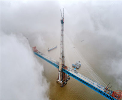Main tower of world's largest road-rail cable-stayed bridge built